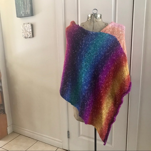 Hand Knit Rainbow Poncho Shawl - Picture 1 of 8